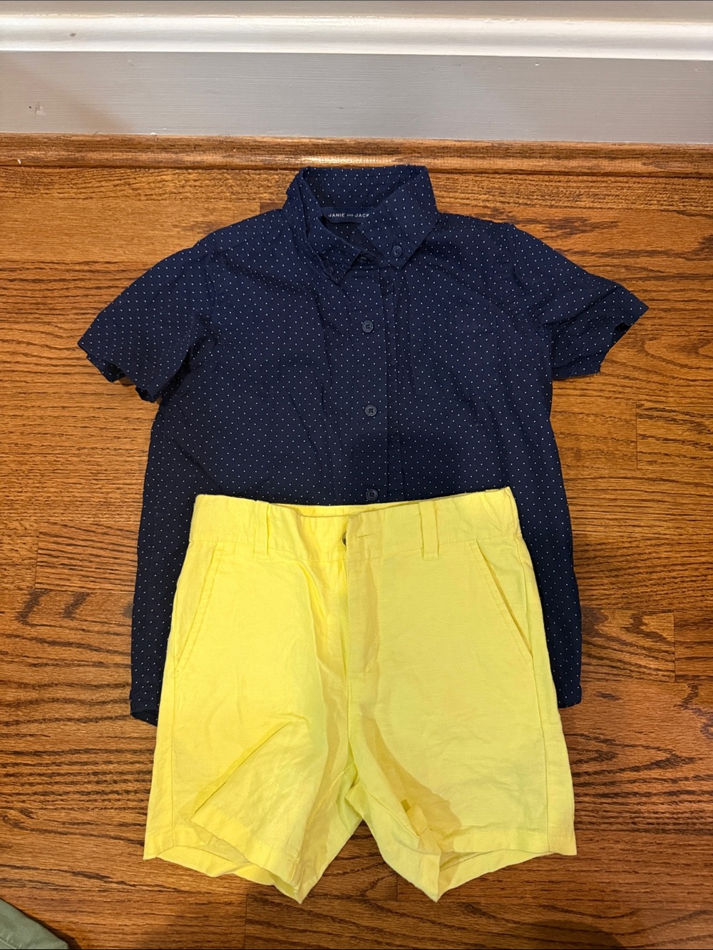Janie and Jack short sleeve Navy Shirt with Polka Dots and linen yellow shorts.